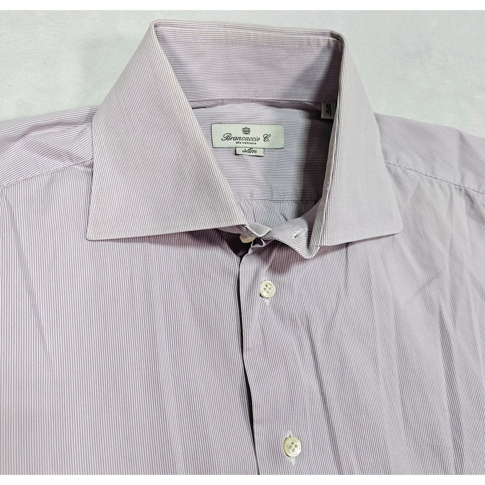 Brancaccio C. Dress Shirt Men 15 3/4 40 Pink Lilac Mauve Pinstripe Spread Collar
